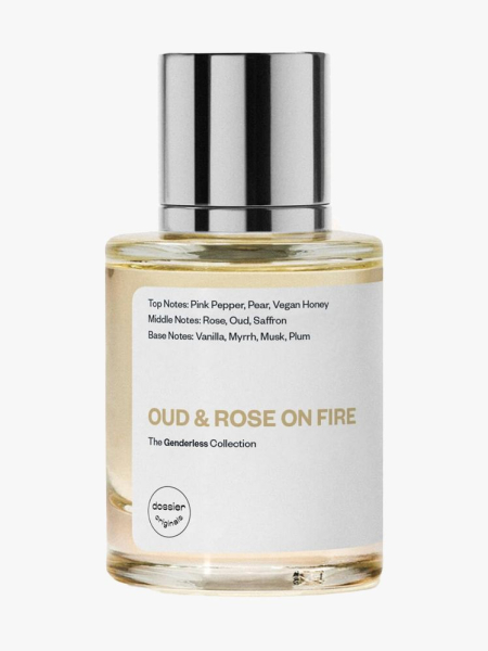Dossier Oud & Rose on Fire in branded component on a light gray background